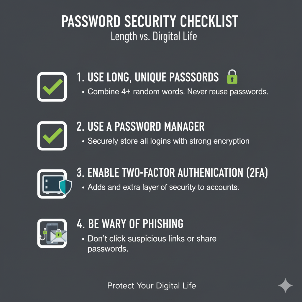 Checklist infographic summarizing the key password security practices